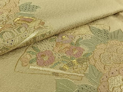平和屋着物▽中国三大刺繍　スワトウ刺繍　汕頭刺繍　相良刺繍　総刺繍　訪問着　単衣　扇面花文　金糸　正絹　逸品　AABM1821jh