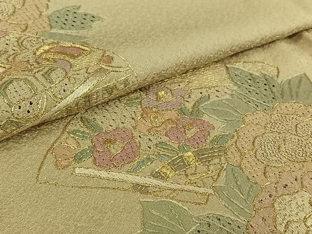 平和屋着物▽中国三大刺繍　スワトウ刺繍　汕頭刺繍　相良刺繍　総刺繍　訪問着　単衣　扇面花文　金糸　正絹　逸品　AABM1821jh