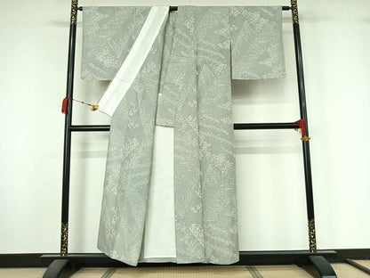 平和屋着物▽上質な小紋　単衣　紬地　流水花文　正絹　逸品　AABM1826jh