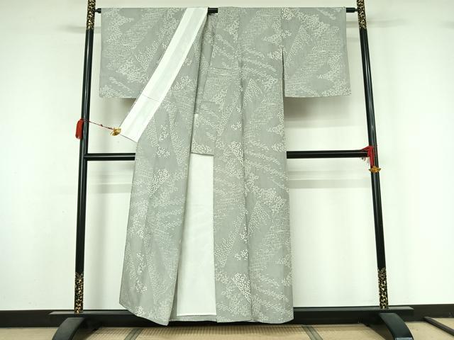平和屋着物▽上質な小紋　単衣　紬地　流水花文　正絹　逸品　AABM1826jh