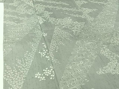 平和屋着物▽上質な小紋　単衣　紬地　流水花文　正絹　逸品　AABM1826jh
