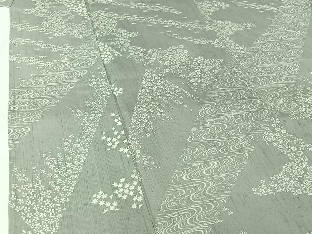 平和屋着物▽上質な小紋　単衣　紬地　流水花文　正絹　逸品　AABM1826jh