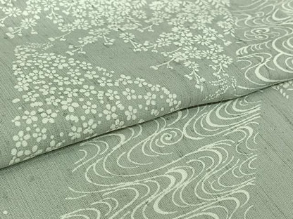 平和屋着物▽上質な小紋　単衣　紬地　流水花文　正絹　逸品　AABM1826jh