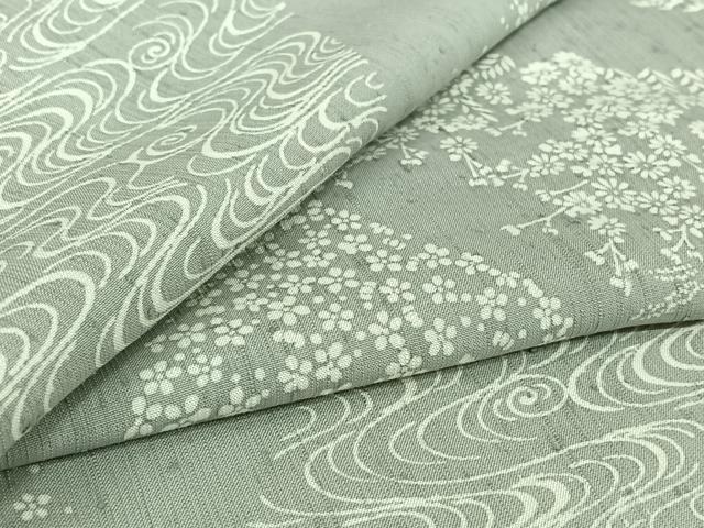 平和屋着物▽上質な小紋　単衣　紬地　流水花文　正絹　逸品　AABM1826jh