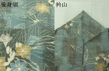 平和屋着物▽上質な紬　単衣　草花文　正絹　逸品　AABM1827jh