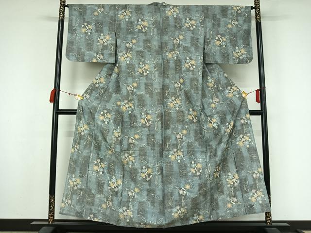 平和屋着物▽上質な紬　単衣　草花文　正絹　逸品　AABM1827jh