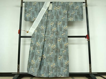 平和屋着物▽上質な紬　単衣　草花文　正絹　逸品　AABM1827jh