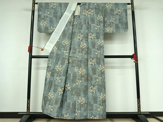 平和屋着物▽上質な紬　単衣　草花文　正絹　逸品　AABM1827jh