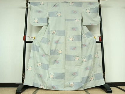 平和屋着物▽小千谷紬　単衣　草花文　正絹　逸品　AABM1830jh