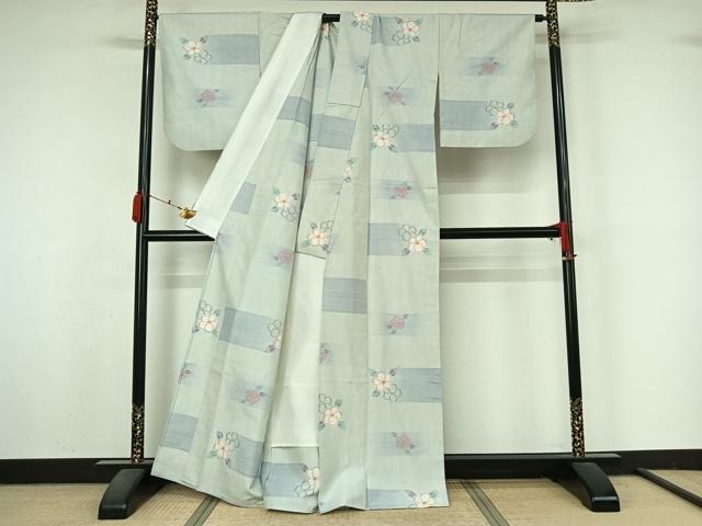 平和屋着物▽小千谷紬　単衣　草花文　正絹　逸品　AABM1830jh