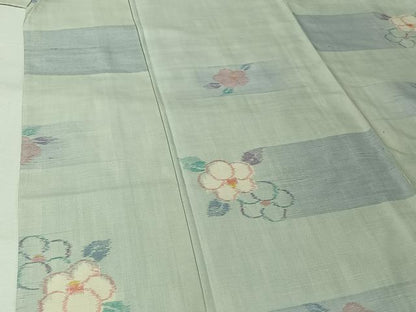 平和屋着物▽小千谷紬　単衣　草花文　正絹　逸品　AABM1830jh