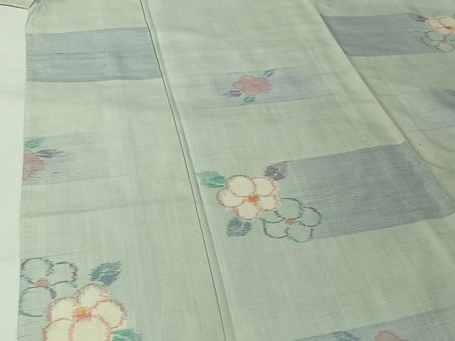平和屋着物▽小千谷紬　単衣　草花文　正絹　逸品　AABM1830jh