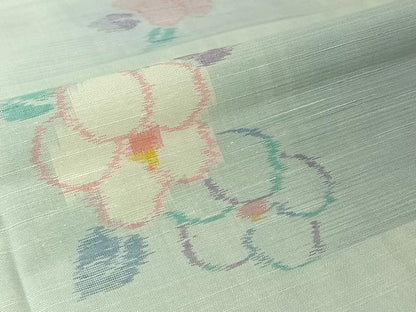 平和屋着物▽小千谷紬　単衣　草花文　正絹　逸品　AABM1830jh
