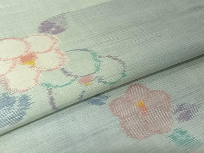 平和屋着物▽小千谷紬　単衣　草花文　正絹　逸品　AABM1830jh