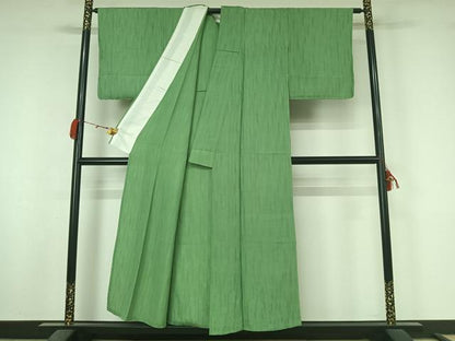 平和屋着物▽上質な色無地　単衣　樹林地紋　若緑色　正絹　逸品　AABM1833jh