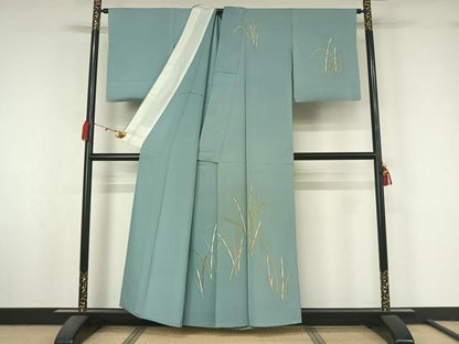 平和屋着物▽訪問着　単衣　木賊　金彩　正絹　逸品　AABM1838jh