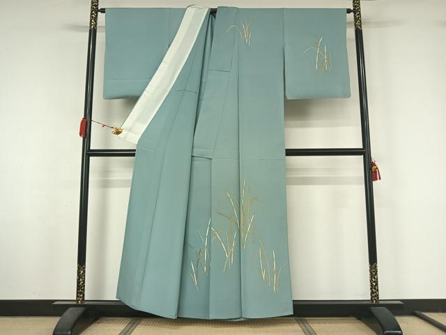 平和屋着物▽訪問着　単衣　木賊　金彩　正絹　逸品　AABM1838jh