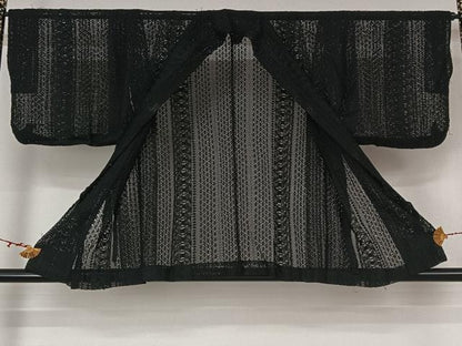 平和屋着物▽道中着　スリーシーズン　春夏秋　塵除け　花間道　黒地　正絹　逸品　AABM1844jh