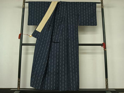 平和屋着物▽小紋　単衣　麻の葉文様　AABM1848jh