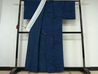平和屋着物▽阿波藍染　阿波友禅　徳島県無形文化財保持者　香川卓美　小紋　単衣　吉祥花文　鬼しぼ縮緬　正絹　逸品　AABM1870jh