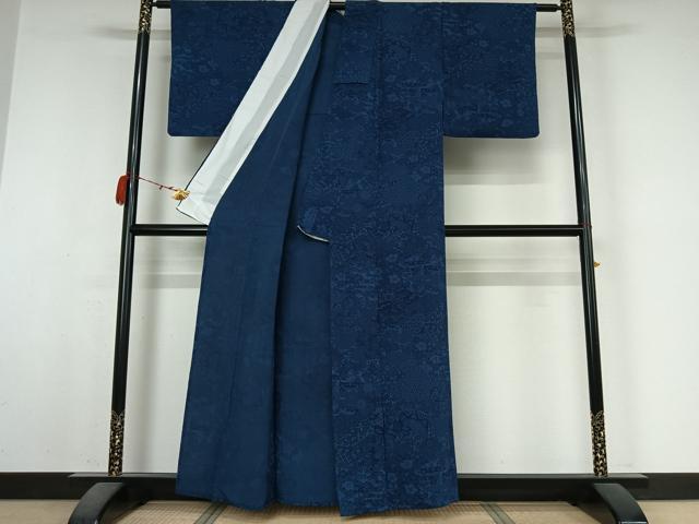 平和屋着物▽阿波藍染　阿波友禅　徳島県無形文化財保持者　香川卓美　小紋　単衣　吉祥花文　鬼しぼ縮緬　正絹　逸品　AABM1870jh