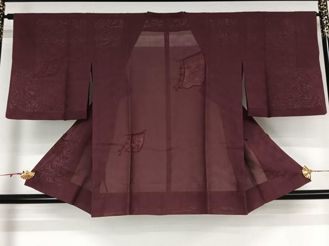 平和屋着物▽道行コート　スリーシーズン　春夏秋　塵除け　几帳花文　暗紅色　正絹　逸品　AABM1880jh