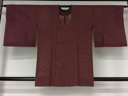 平和屋着物▽道行コート　スリーシーズン　春夏秋　塵除け　几帳花文　暗紅色　正絹　逸品　AABM1880jh