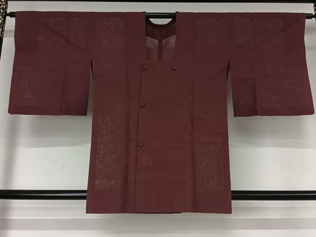 平和屋着物▽道行コート　スリーシーズン　春夏秋　塵除け　几帳花文　暗紅色　正絹　逸品　AABM1880jh