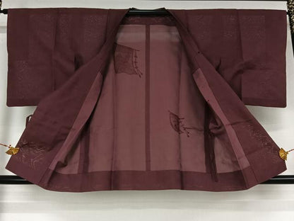 平和屋着物▽道行コート　スリーシーズン　春夏秋　塵除け　几帳花文　暗紅色　正絹　逸品　AABM1880jh