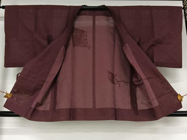 平和屋着物▽道行コート　スリーシーズン　春夏秋　塵除け　几帳花文　暗紅色　正絹　逸品　AABM1880jh