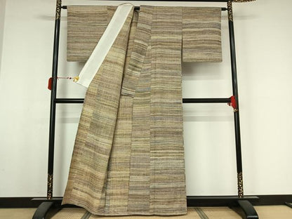 平和屋着物▽郡上紬　草木染　単衣　横段文　正絹　逸品　AABM1886jh