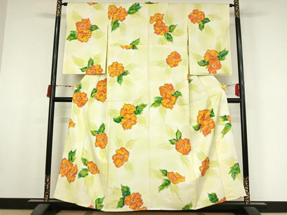 平和屋着物▽上質な小紋　単衣　草花文　暈し染め　正絹　逸品　AABM1901jh