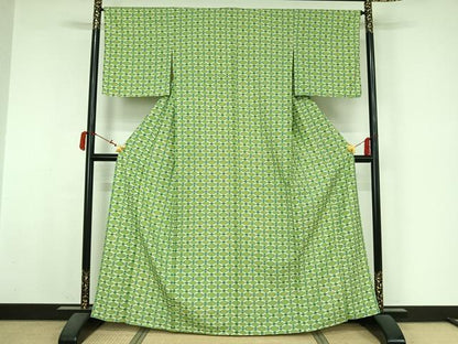 平和屋着物▽上質な小紋　単衣　紬地　菱文　正絹　逸品　未使用　AABM1975jh