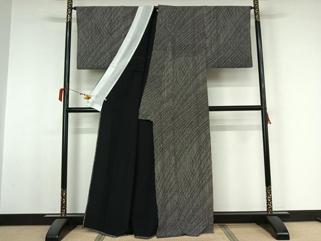平和屋着物▽上質な小紋　単衣　幾何学文様　黒地　さが美扱い　正絹　逸品　AABM1980jh