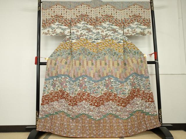 平和屋着物●訪問着　型染め　吉祥花鳥文　正絹　逸品　AABM2003cs