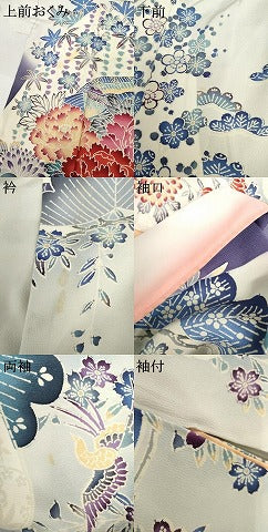 平和屋着物●豪華振袖　型染め　流水飛鳥草花文　暈し染め　正絹　逸品　AABM2007cs