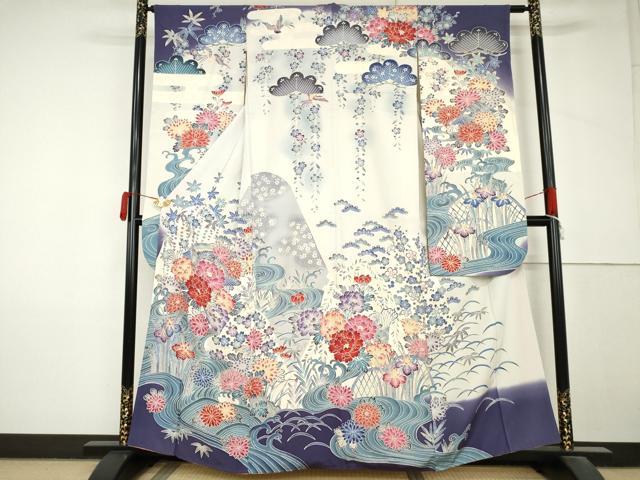 平和屋着物●豪華振袖　型染め　流水飛鳥草花文　暈し染め　正絹　逸品　AABM2007cs