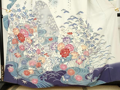 平和屋着物●豪華振袖　型染め　流水飛鳥草花文　暈し染め　正絹　逸品　AABM2007cs