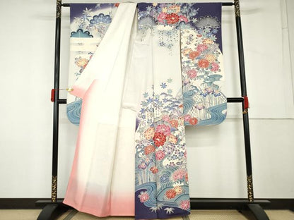 平和屋着物●豪華振袖　型染め　流水飛鳥草花文　暈し染め　正絹　逸品　AABM2007cs