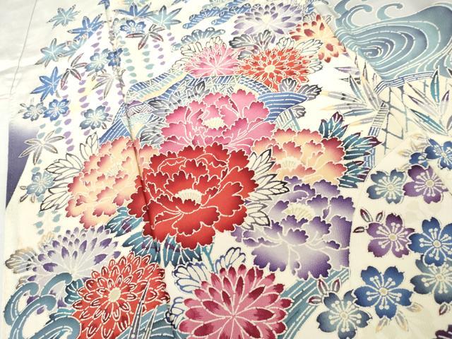 平和屋着物●豪華振袖　型染め　流水飛鳥草花文　暈し染め　正絹　逸品　AABM2007cs