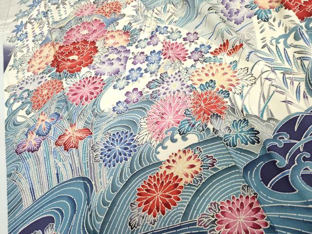 平和屋着物●豪華振袖　型染め　流水飛鳥草花文　暈し染め　正絹　逸品　AABM2007cs