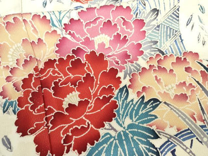 平和屋着物●豪華振袖　型染め　流水飛鳥草花文　暈し染め　正絹　逸品　AABM2007cs