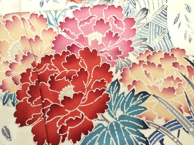 平和屋着物●豪華振袖　型染め　流水飛鳥草花文　暈し染め　正絹　逸品　AABM2007cs
