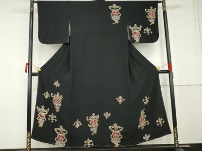 平和屋着物●訪問着　洋花文　黒地　正絹　逸品　未使用　AABM2012cs
