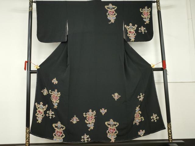 平和屋着物●訪問着　洋花文　黒地　正絹　逸品　未使用　AABM2012cs
