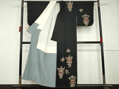平和屋着物●訪問着　洋花文　黒地　正絹　逸品　未使用　AABM2012cs