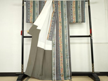 平和屋着物●上質な小紋　草花間道　正絹　逸品　AABM2038cs