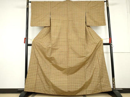 平和屋着物●上質な紬　格子　正絹　逸品　AABM2050cs