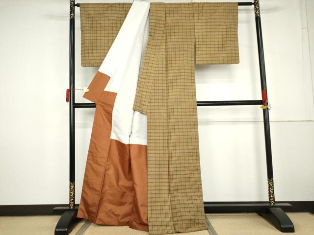 平和屋着物●上質な紬　格子　正絹　逸品　AABM2050cs