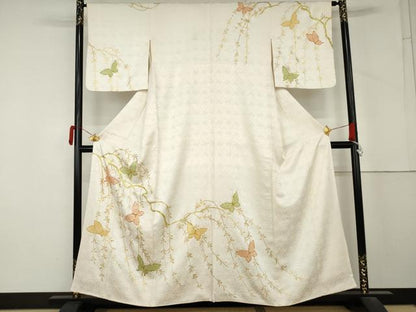平和屋着物●訪問着　駒刺繍　枝垂れ柳　舞蝶文　金彩　正絹　逸品　AABM2056cs